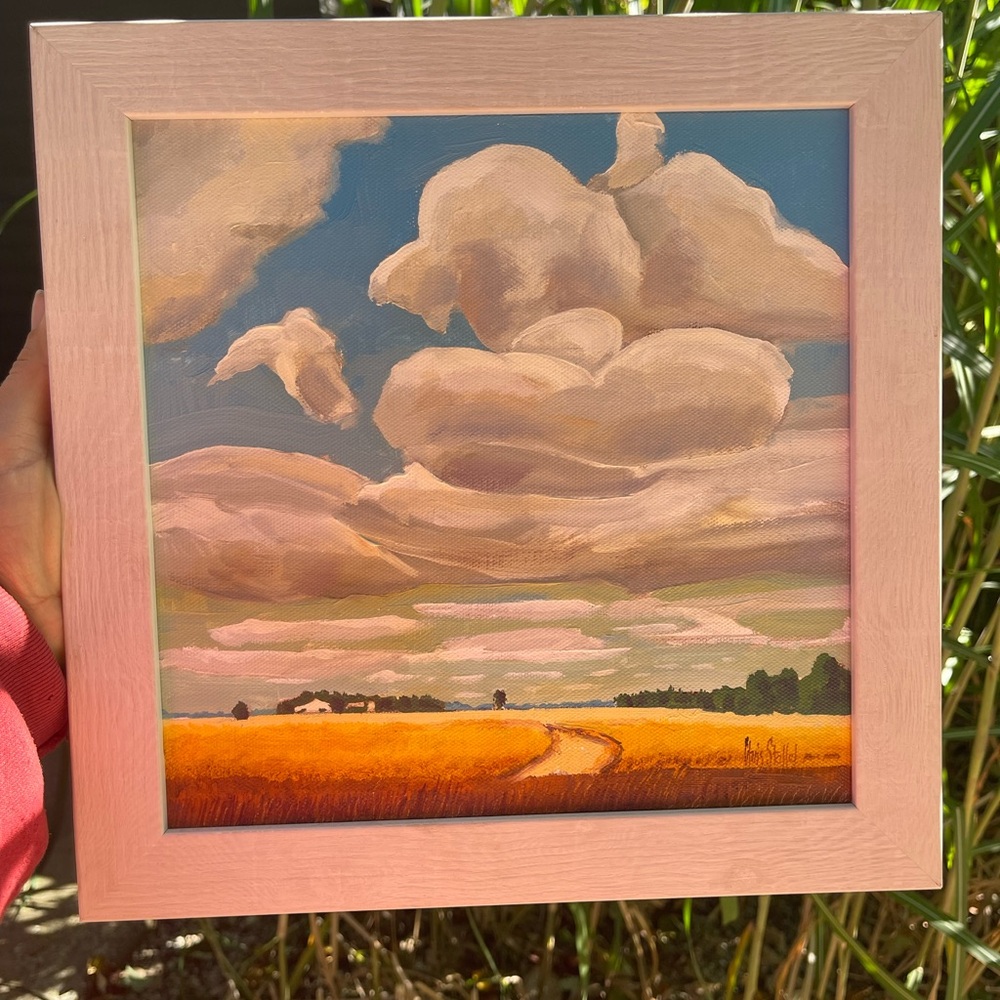 Original oil painting clouds and field -signed